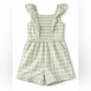 Janie and Jack | Green Gingham Smocked Romper with Ruffle Straps & Pockets | 5